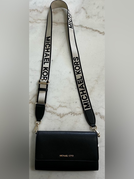 Michael Kors Handbags - Michel Kors Black Leather Jet Set Phone Wallet Wide Logo Strap